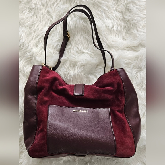Michael Kors Quincy Large Suede and Leather Shoulder Tote - Maroon - Picture 10 of 16